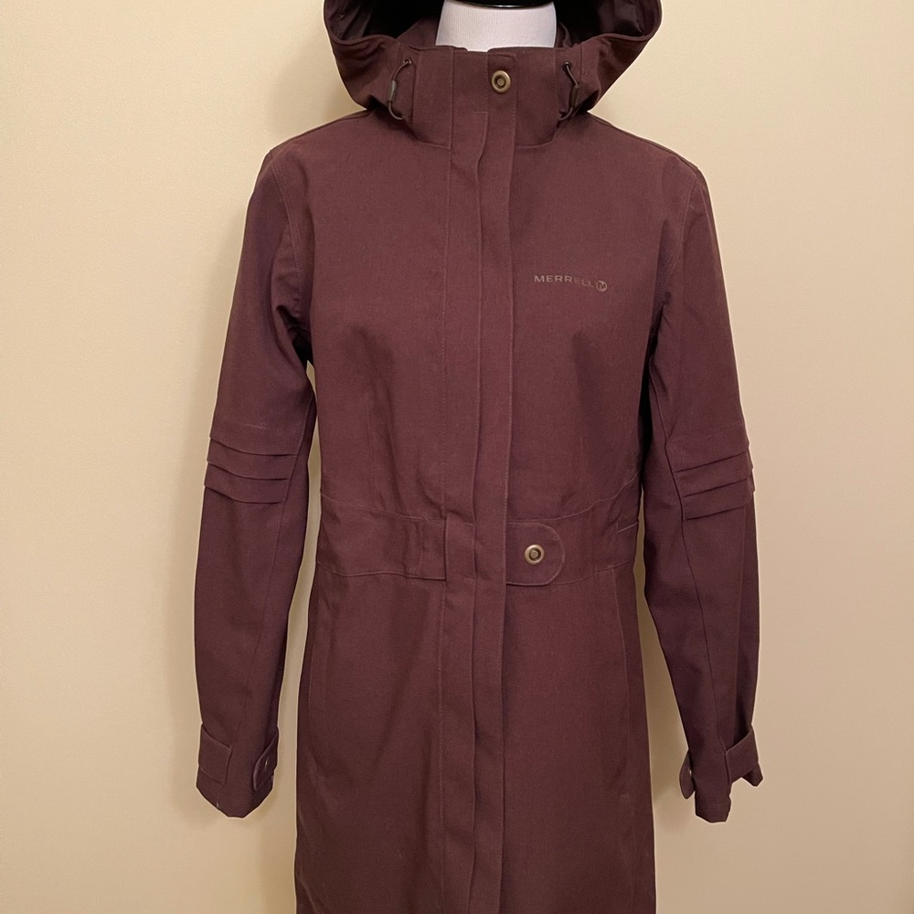 Merrell brown heavy car length rain coat.